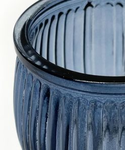 Blue Ribbed Glass Tealight Holder